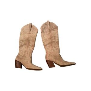 Suede Pointed-Toe Knee-High Heeled Boots - Beige